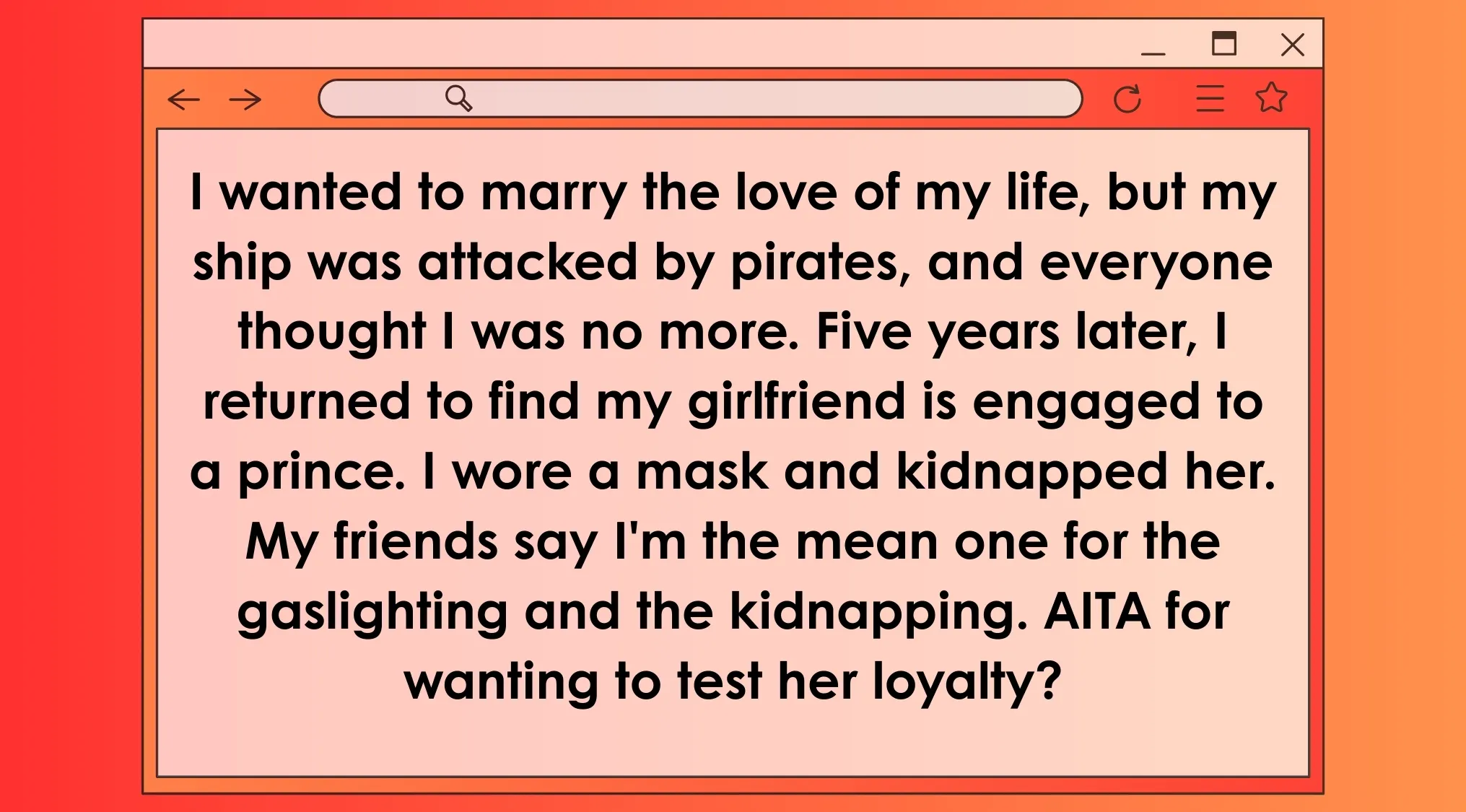 AITA post describing a character’s loyalty test after returning from a pirate attack in a movie scenario.