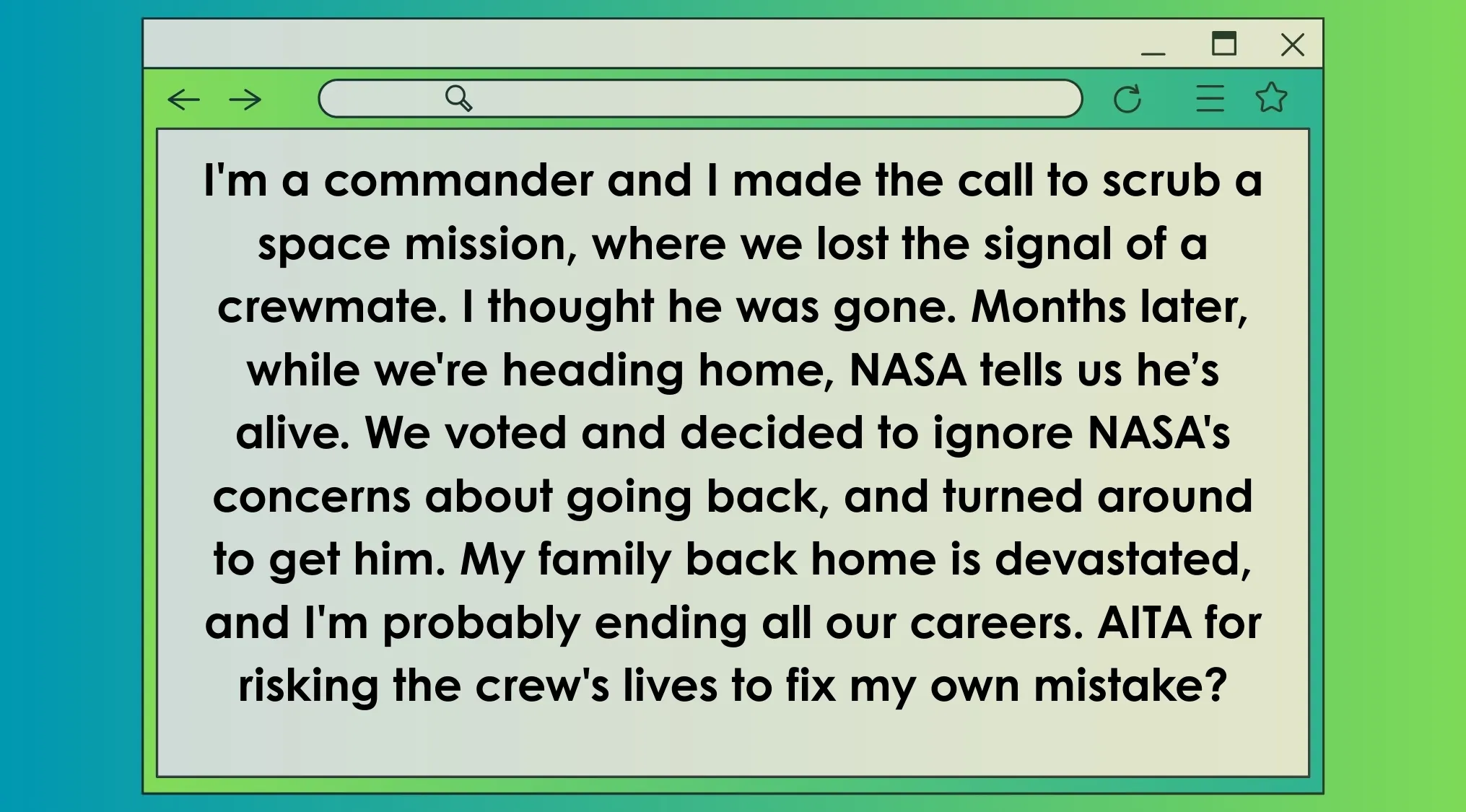 AITA post about a commander risking a space mission to rescue a missing crew member, sparking family conflict.