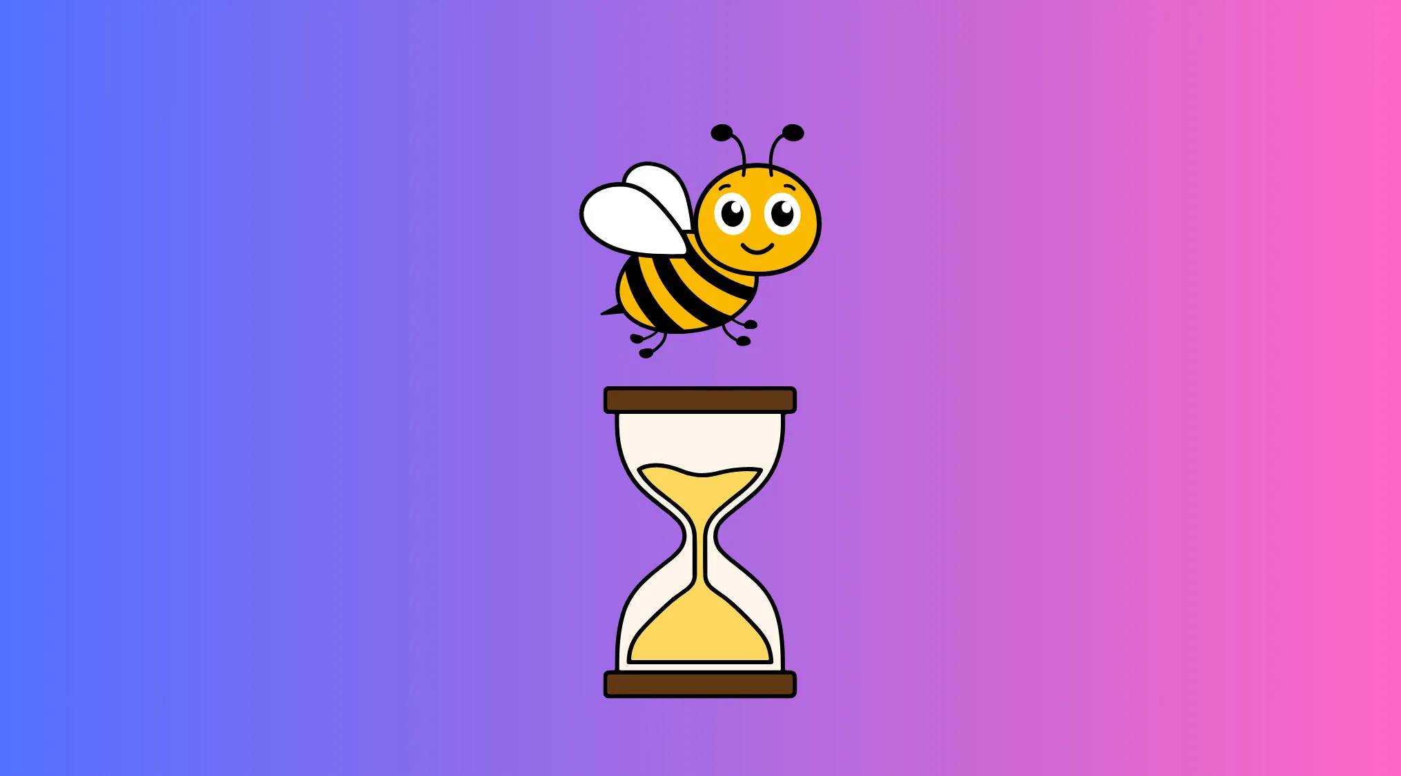Rebus visual challenge showing a cartoon bee above an hourglass on a purple to pink gradient background.