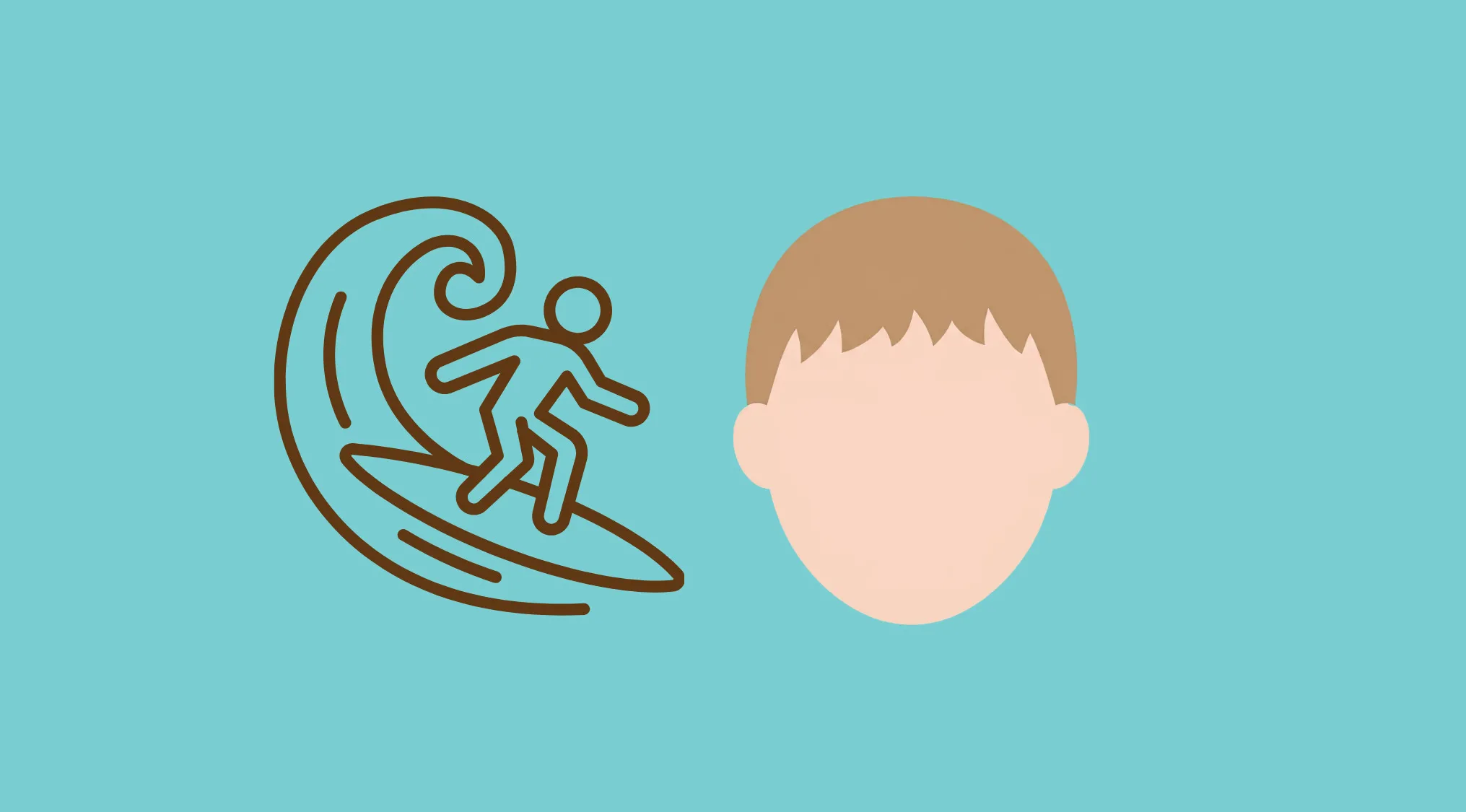 Surfer riding a wave icon next to a faceless boy head, concept for rebus visual challenge puzzle.