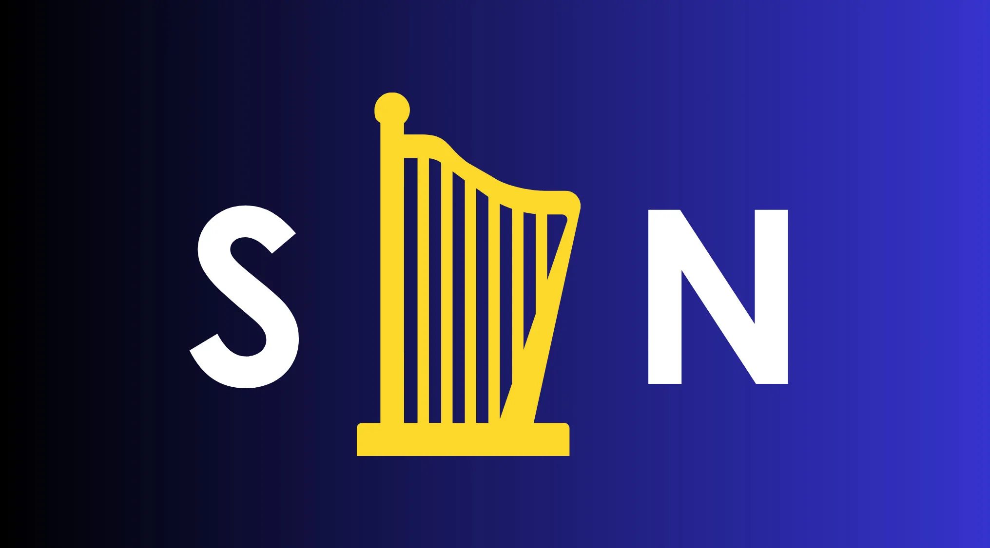 Rebus visual challenge featuring letters S and N with a harp icon in the center on a blue gradient background.