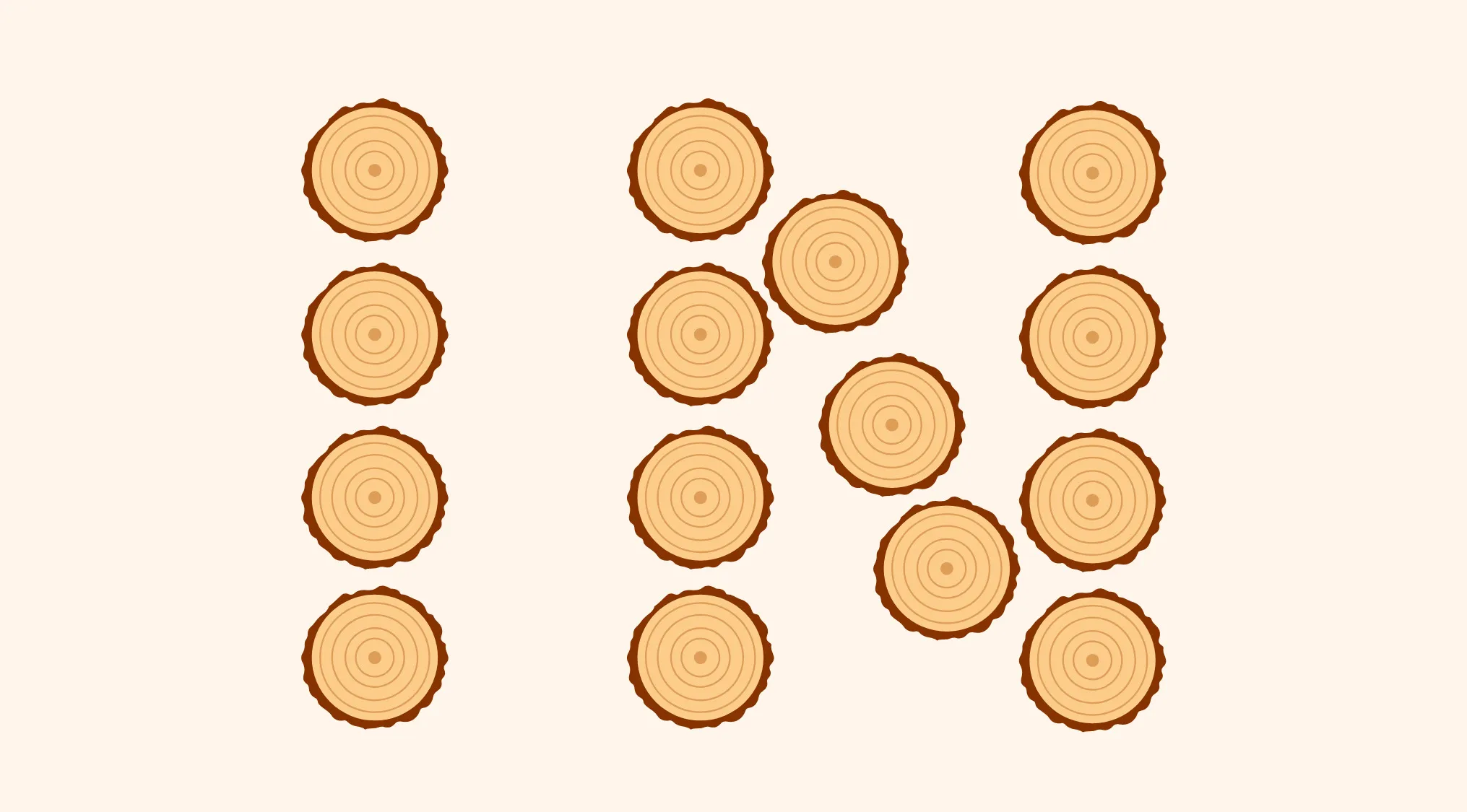 Rebus visual challenge with wooden log slices arranged in groups to form a hidden word puzzle.