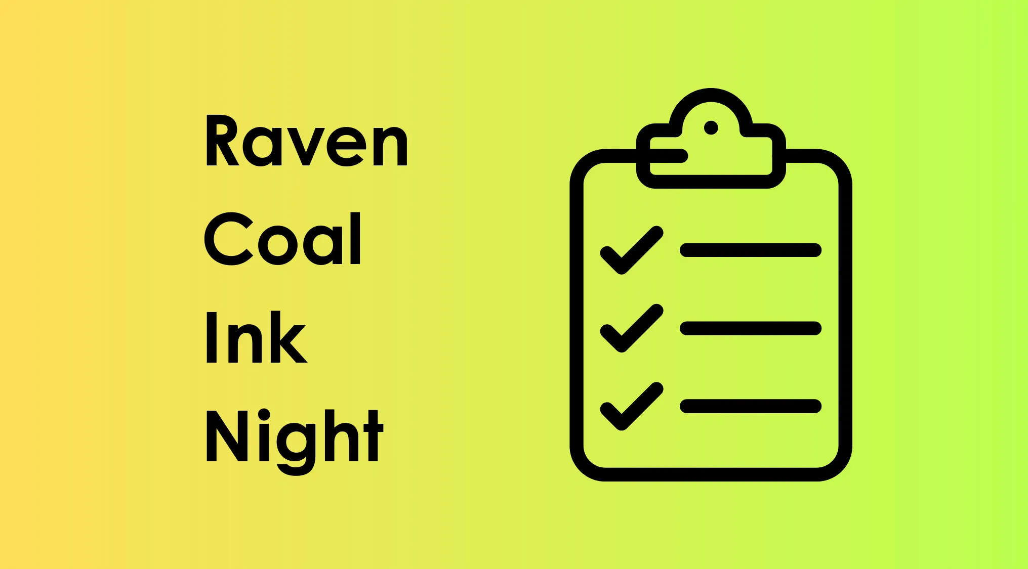 Rebus visual challenge puzzle with words Raven, Coal, Ink, Night alongside checklist icon on gradient background