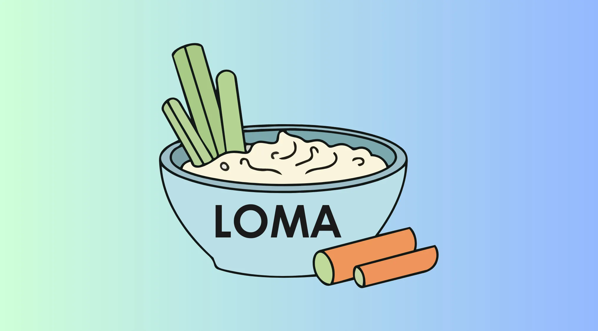 Bowl of dip with celery sticks labeled LOMA and two carrot sticks, illustrating a rebus visual challenge.