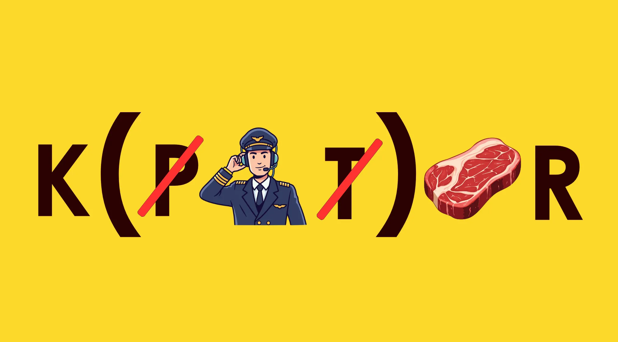 Rebus visual challenge showing letters, a pilot emoji with slashes, and a steak illustration on a yellow background.