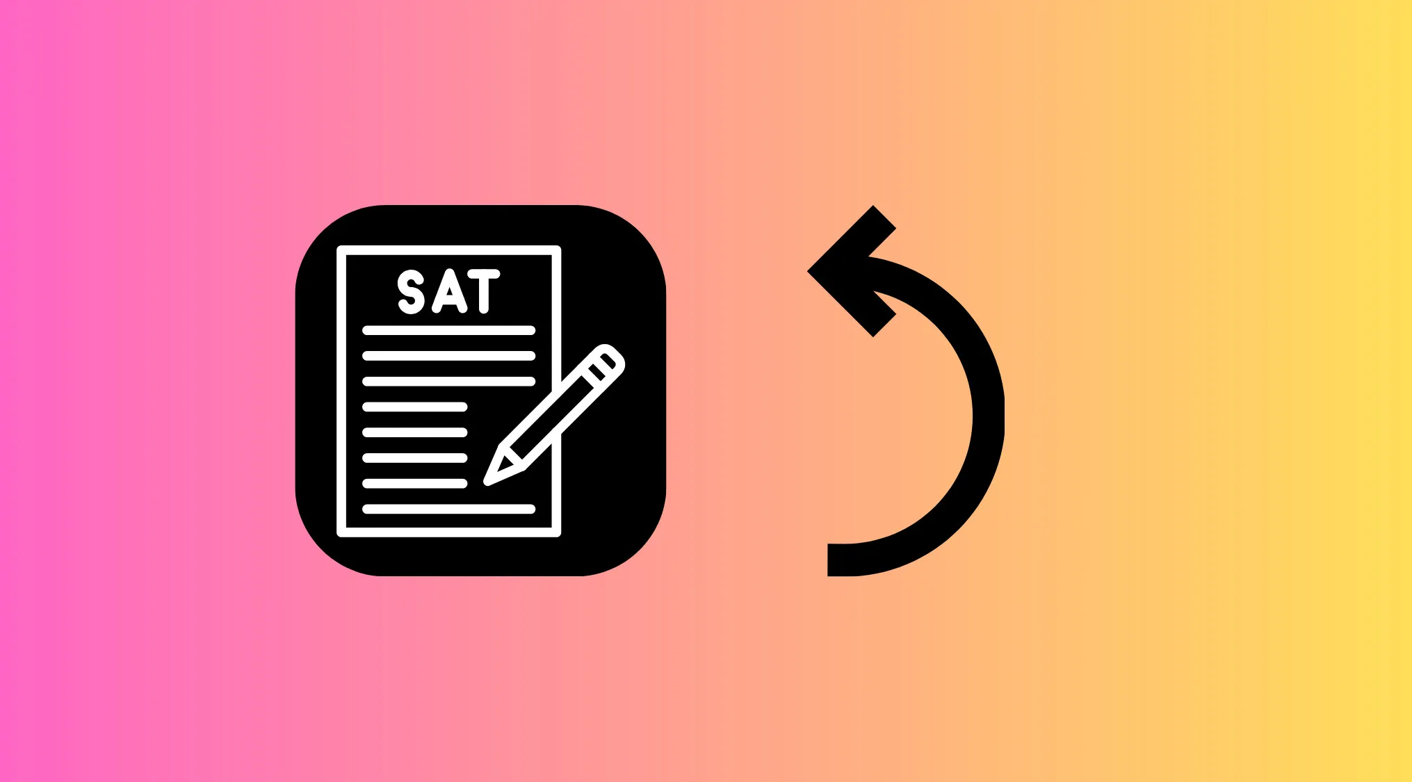 Rebus visual challenge showing a SAT test paper icon with a pencil and a curved arrow pointing backward on a gradient background.