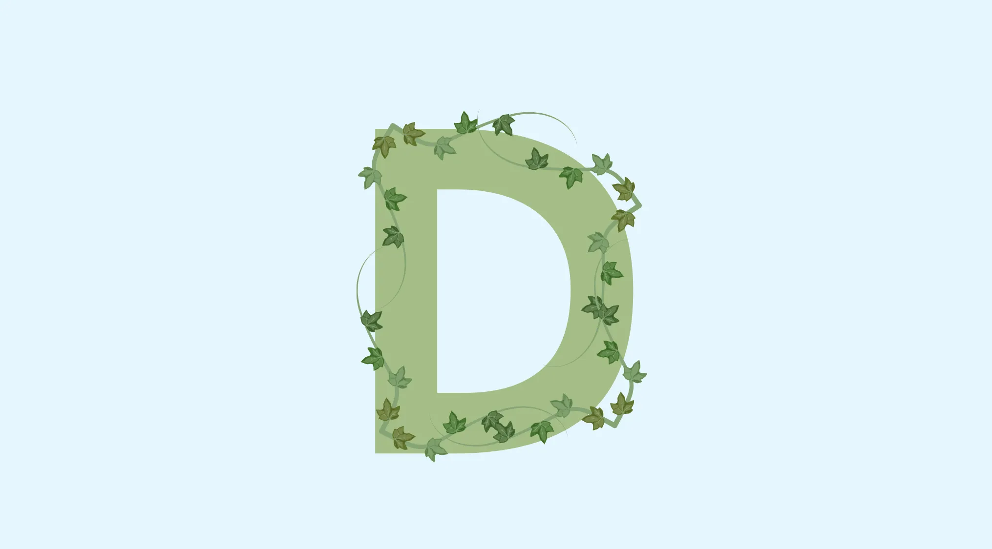 Green letter D wrapped in ivy leaves on a light blue background in a rebus visual challenge puzzle.