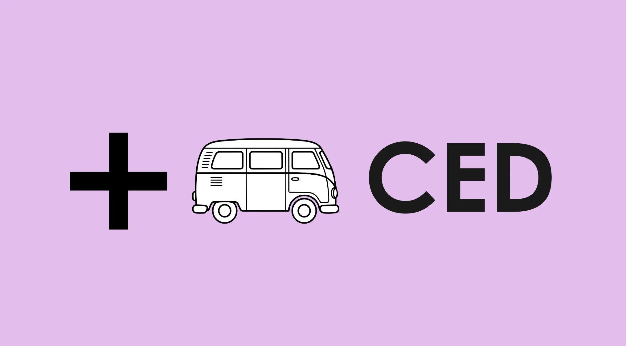 Rebus visual challenge showing a plus sign, van illustration, and letters CED on purple background.
