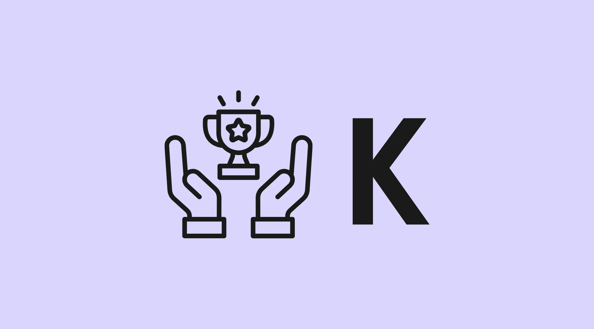 Hands holding a trophy icon next to the letter K in a simple rebus visual challenge puzzle on a purple background