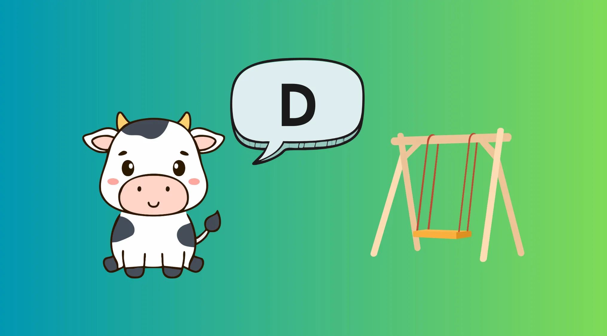 Cartoon cow with speech bubble containing D next to an empty swing set in a rebus visual challenge puzzle.