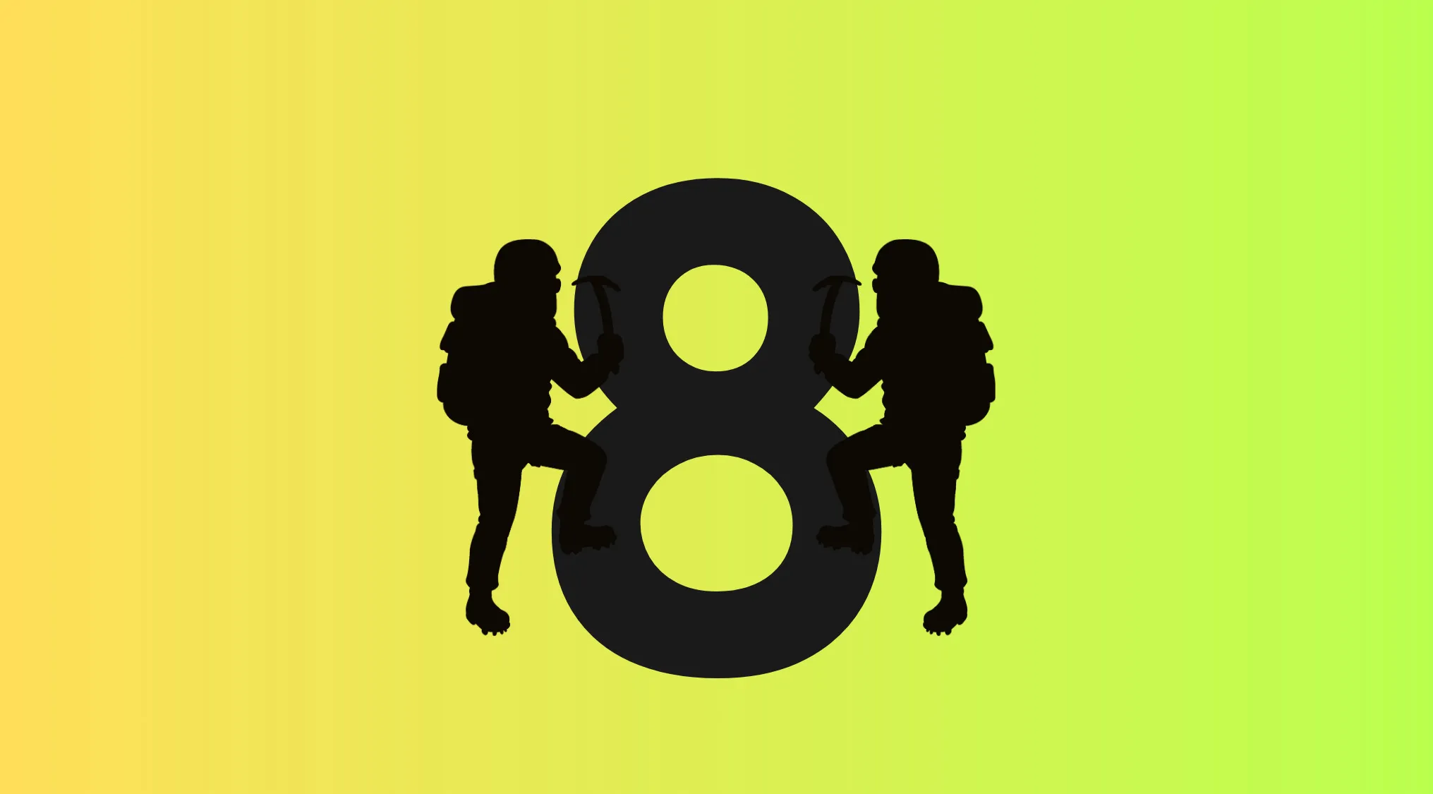Two climbers with ice axes scaling a large number 8 in a rebus visual challenge puzzle on a gradient background.