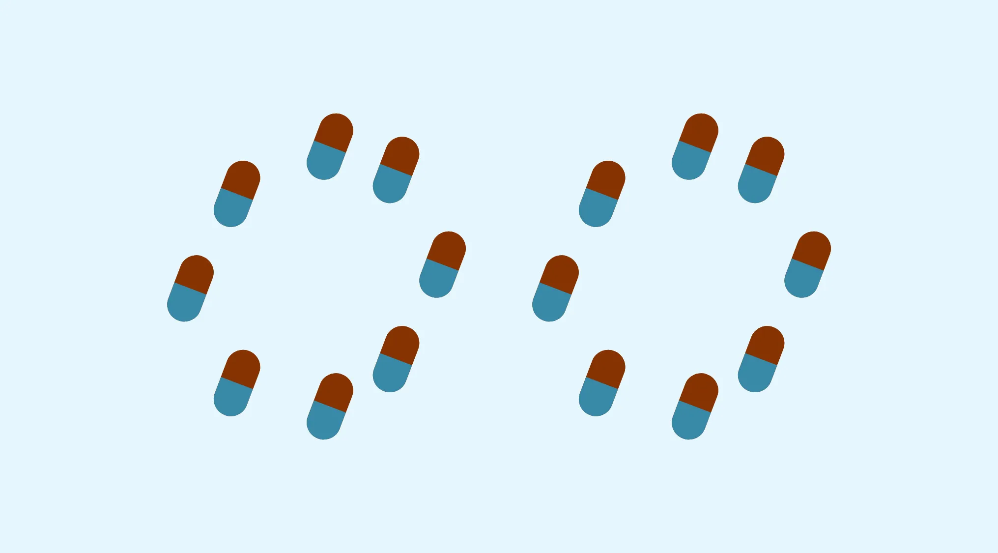 Rebus visual challenge showing capsules arranged in shapes on a light blue background to decode the word.