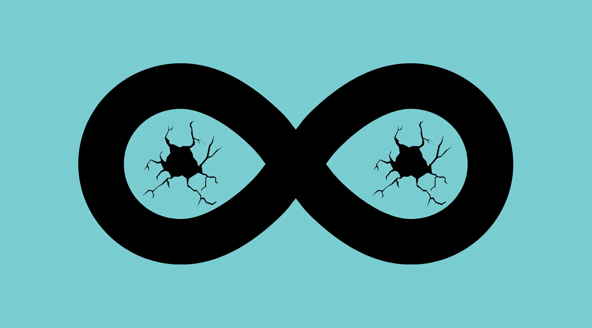 Black infinity symbol with two cracks in the center of each loop on a teal background in a rebus visual challenge.