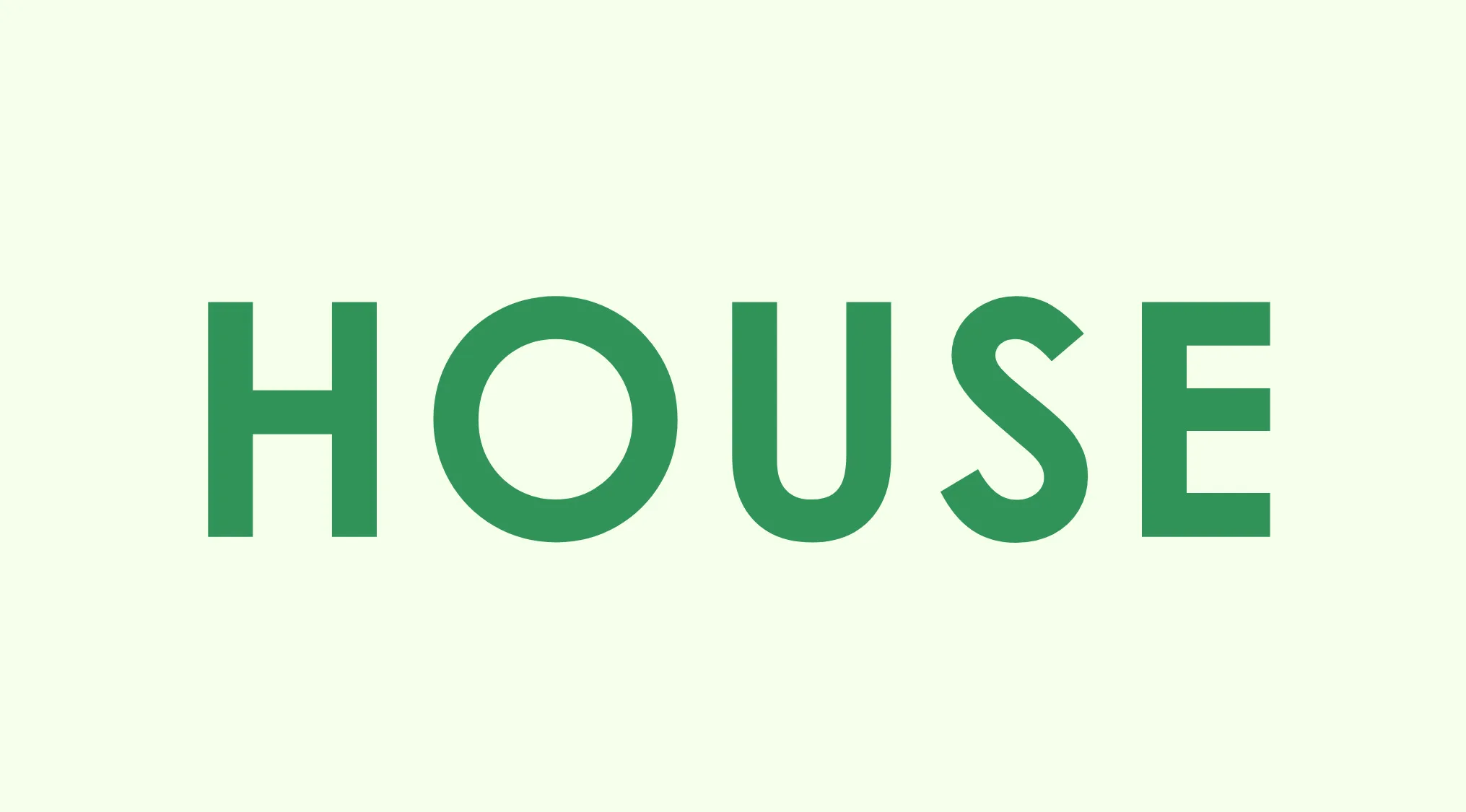 Rebus visual challenge showing the word HOUSE in bold green letters on a light background for word guessing.