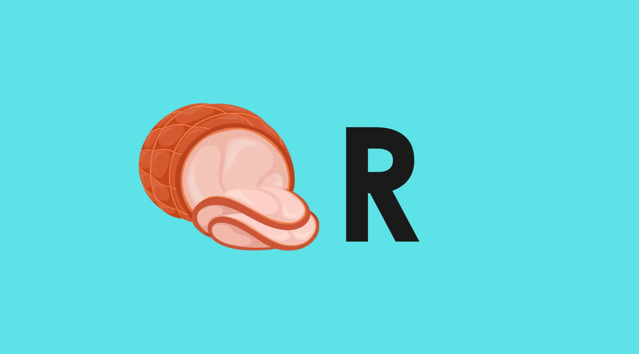 Ham illustration next to a bold letter R on blue background in a rebus visual challenge puzzle.