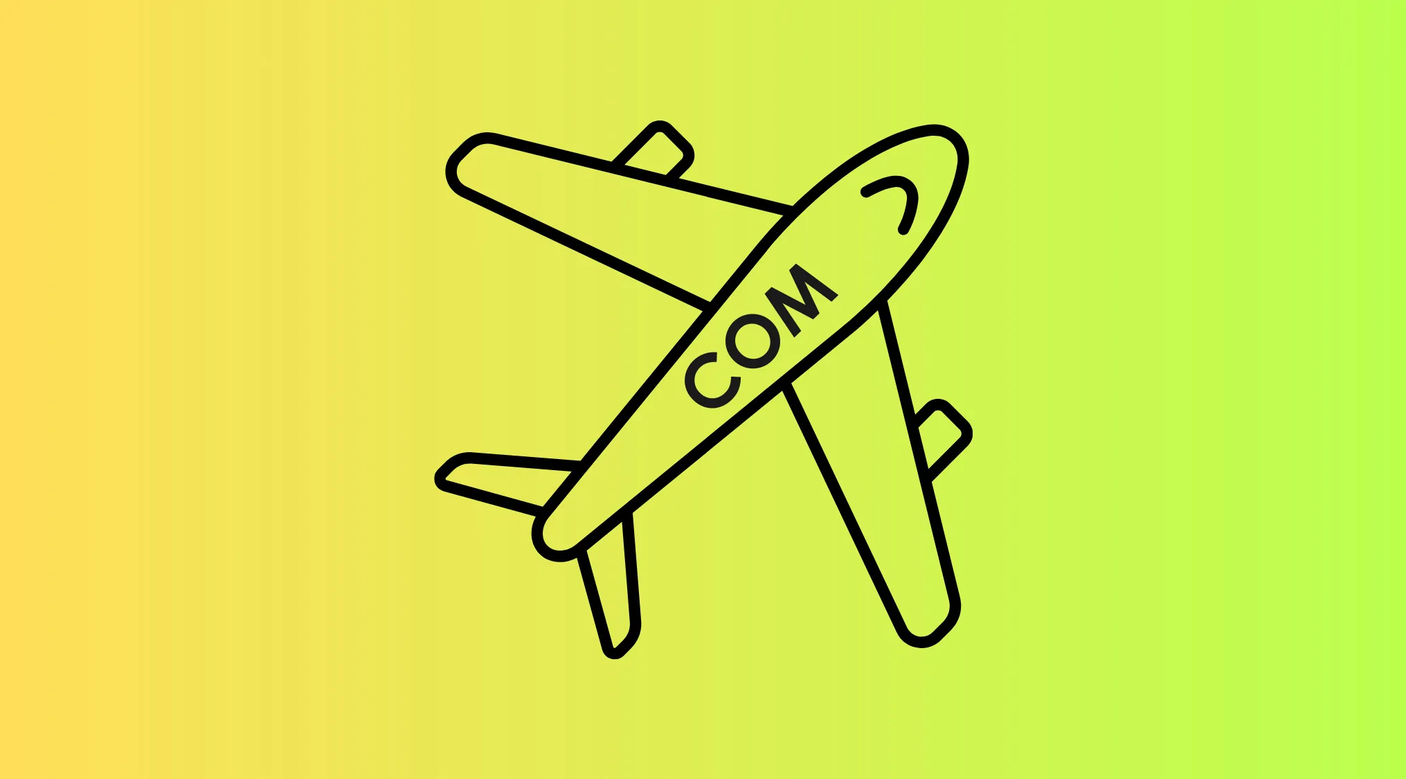 Minimalist airplane illustration with the letters COM on the wing, featured in a rebus visual challenge on a green gradient background.