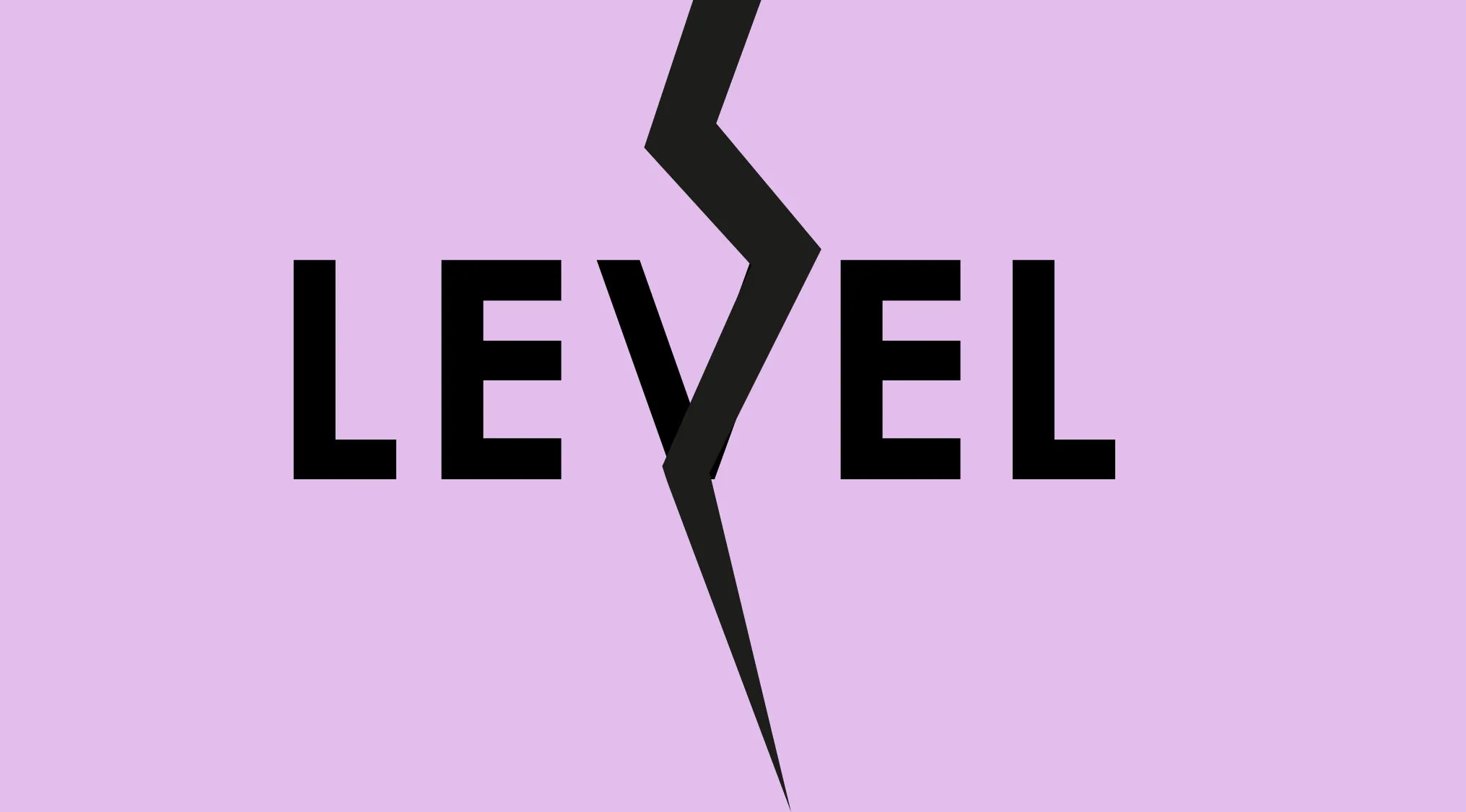 Rebus visual challenge showing the word LEVEL split by a jagged black crack on a purple background.