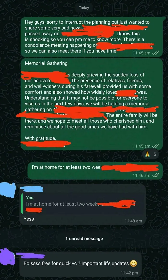 Friend Announces Engagement On Group Chat On The Same Day That I Inform Them Of A Close Family Member Passing Away