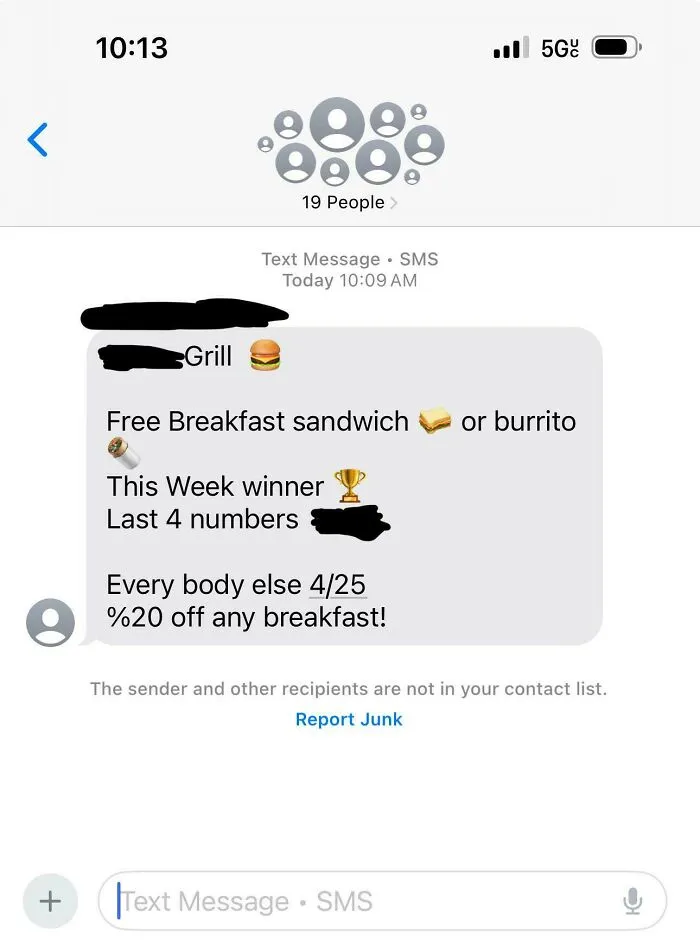I Made The Mistake Of Giving A Local Cafe My Phone Number For Potential Free Breakfast Meal. They Sent A Group Chat To All Customers That Signed Up…