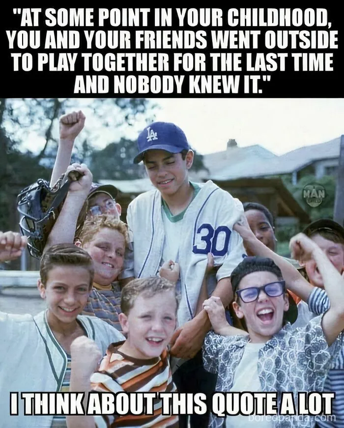 Group of kids celebrating outside, capturing nostalgic vibes from funny ’90s posts and memes about childhood memories.