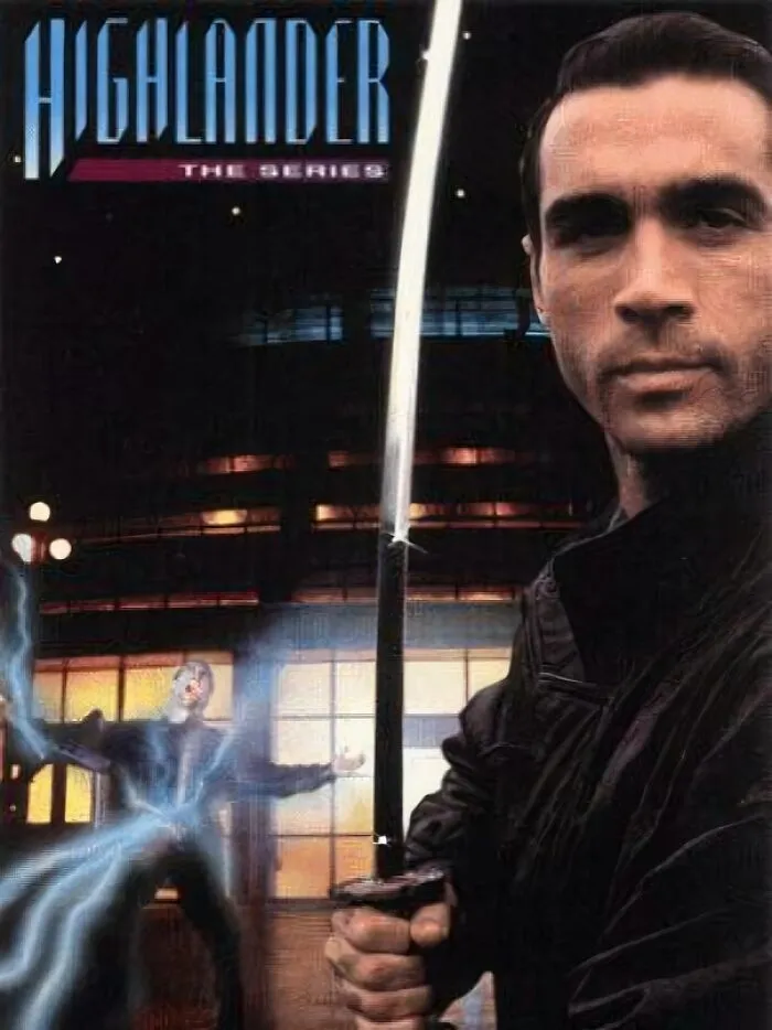 Man holding a sword from Highlander series with electric effects in the background, nostalgic 90s memes and posts concept