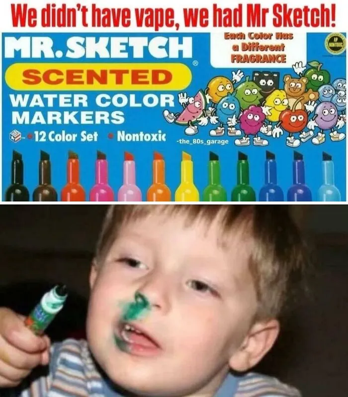 Funny ’90s childhood meme showing Mr Sketch scented markers and a child with green marker on face.