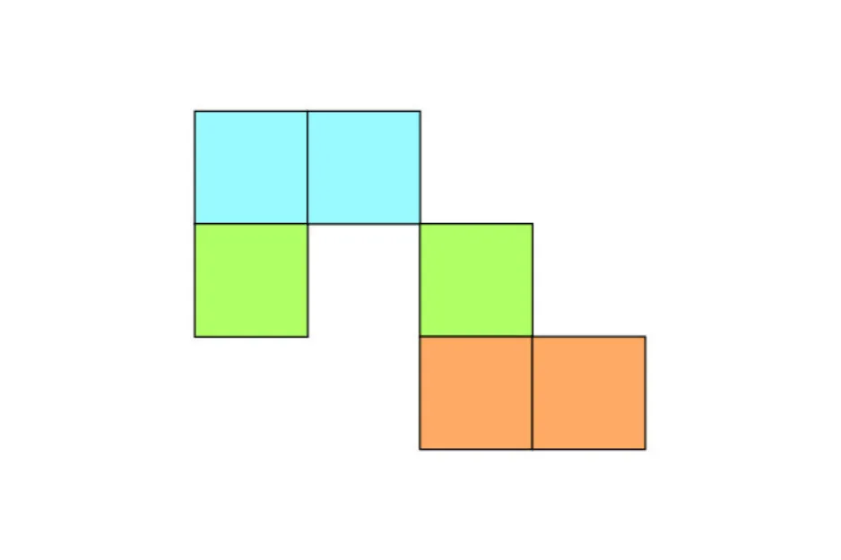 Puzzle logic showing colored square pieces arranged with one empty space, illustrating which piece fits correctly.