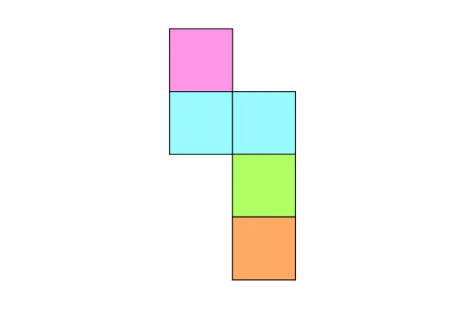Puzzle piece logic showing colored squares in an L shape, helping solve which piece fits into the given space.