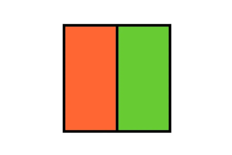 Two adjacent rectangles, one orange and one green, representing the final piece concept with letter D.