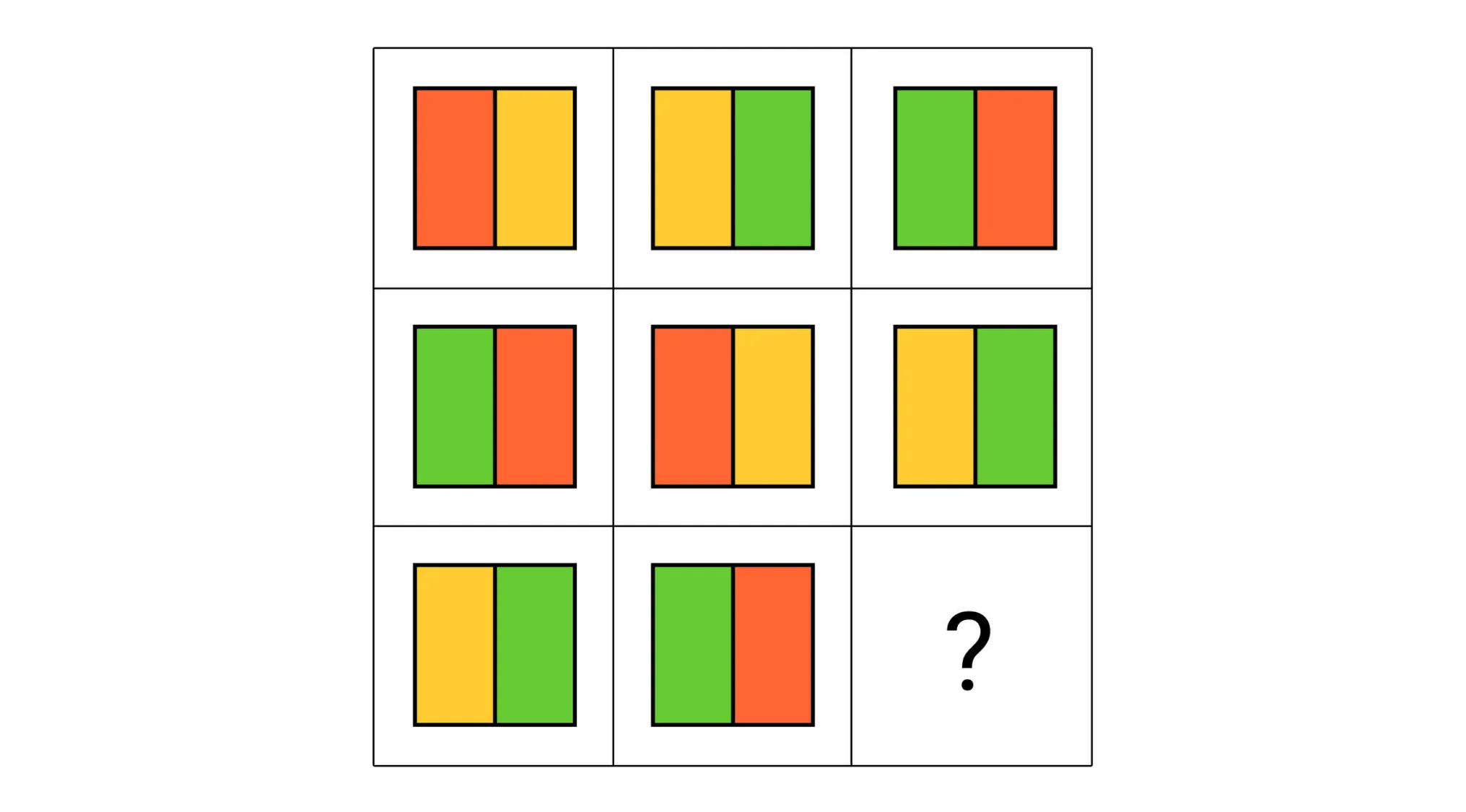 Visual IQ quiz showing a color pattern puzzle with missing piece to find the final match in the grid.