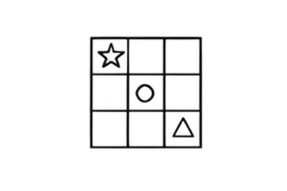 3x3 tiny grid matrix with star, circle, and triangle symbols in different cells, puzzle completion challenge.