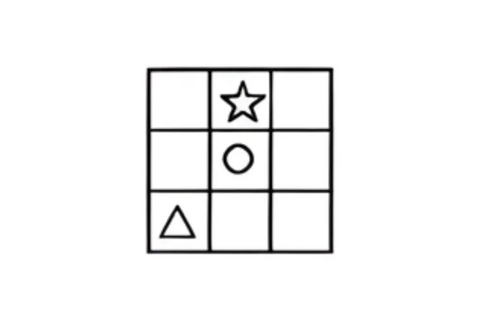 Tiny grids puzzle showing star, circle, and triangle shapes inside a partial matrix for completion challenge B.
