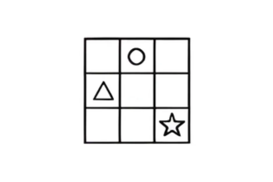 3x3 tiny grid puzzle with circle, triangle, and star shapes, asking which option completes the matrix pattern.