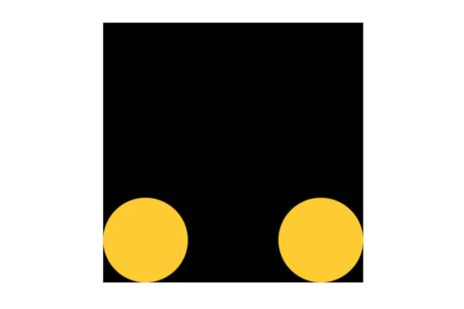Black square with two yellow circles at the bottom corners representing a missing piece concept B.