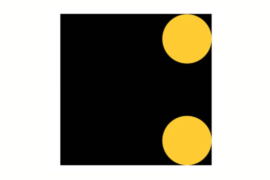 Black square with two yellow circles on the right edge, representing a choose the missing piece puzzle with letter D.