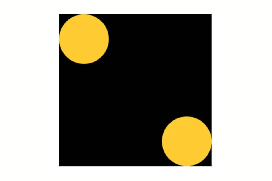 Black square with two yellow circles positioned near opposite corners, illustrating the concept of choosing the missing piece.