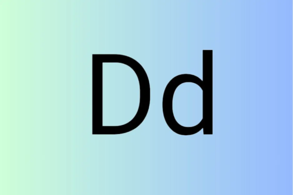 Letter combination Dd displayed in black on a green to blue gradient background completing the puzzle concept