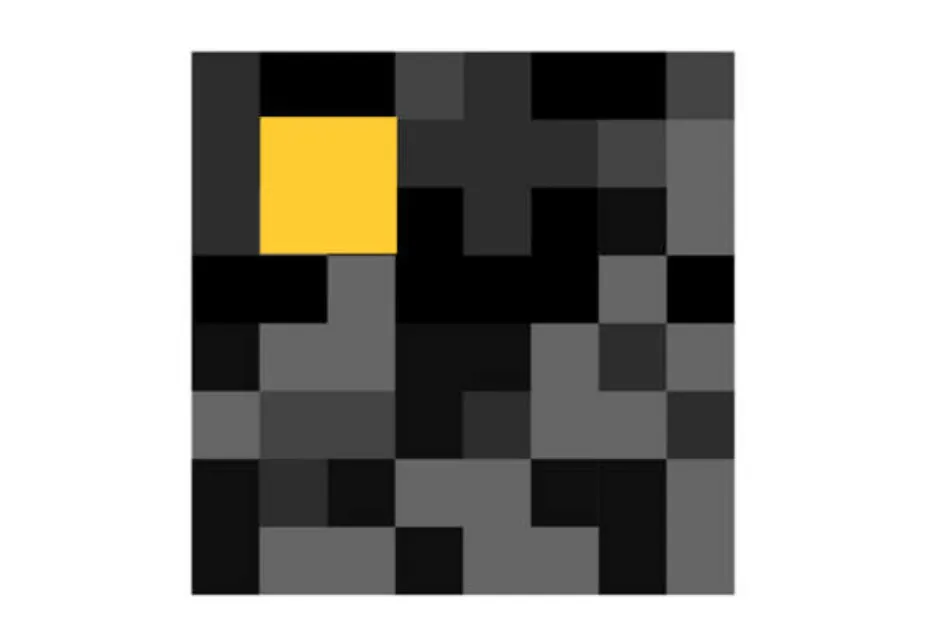 Abstract pixelated matrix with a highlighted yellow piece showing which piece completes the matrix puzzle.