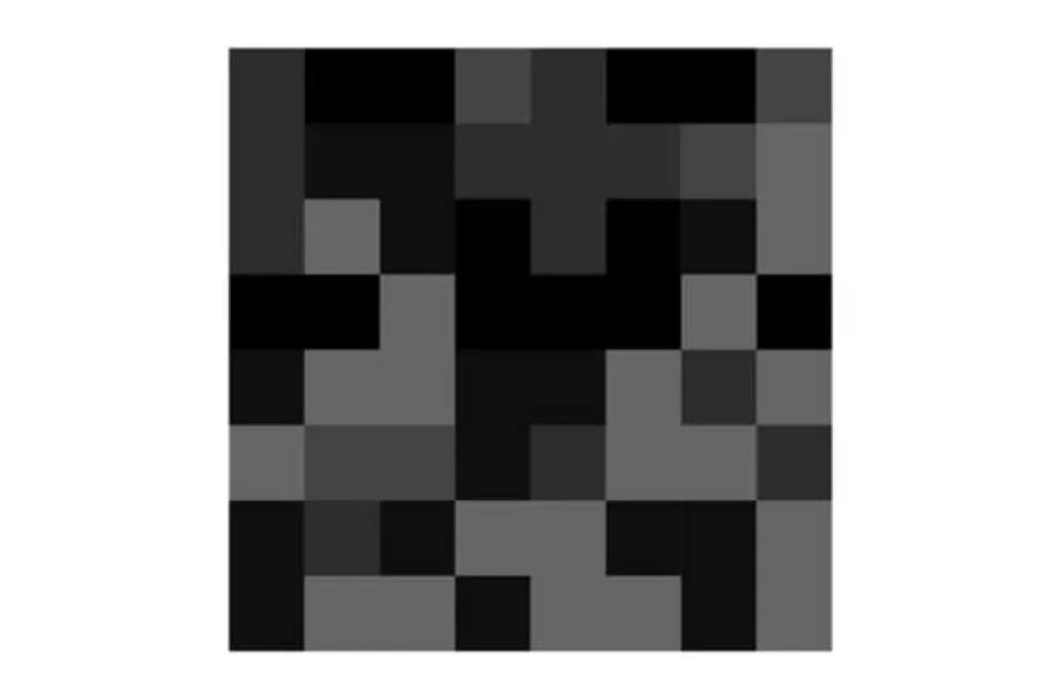 Abstract black and gray pixelated matrix pattern puzzle asking which piece completes the matrix D solution.