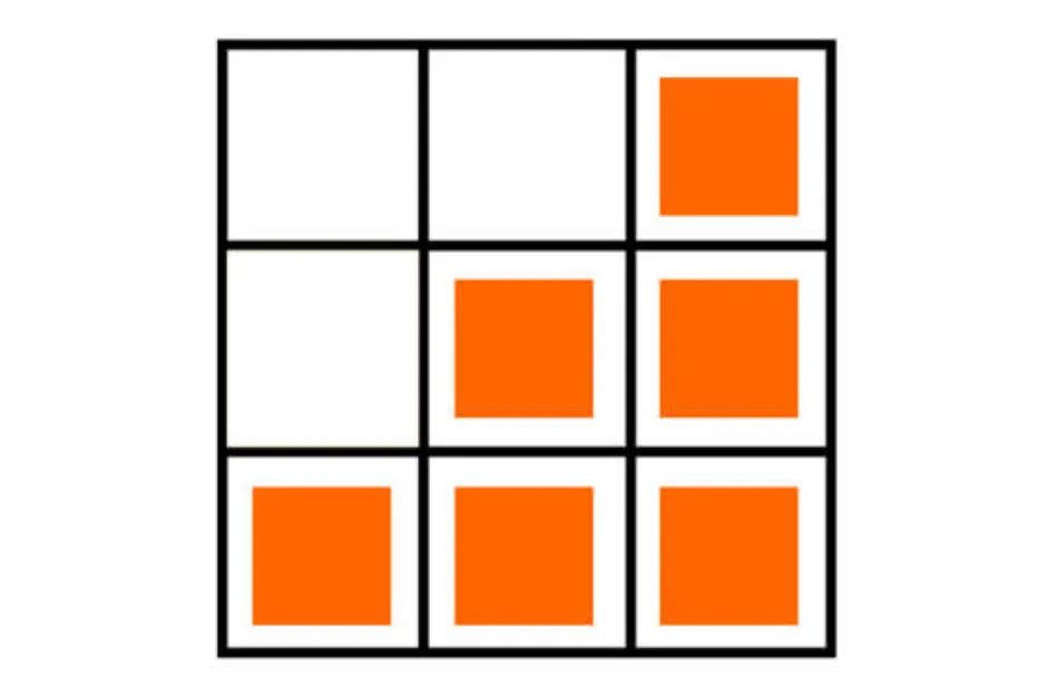 3x3 grid puzzle with orange squares, showing pattern to choose the missing piece in the puzzle.