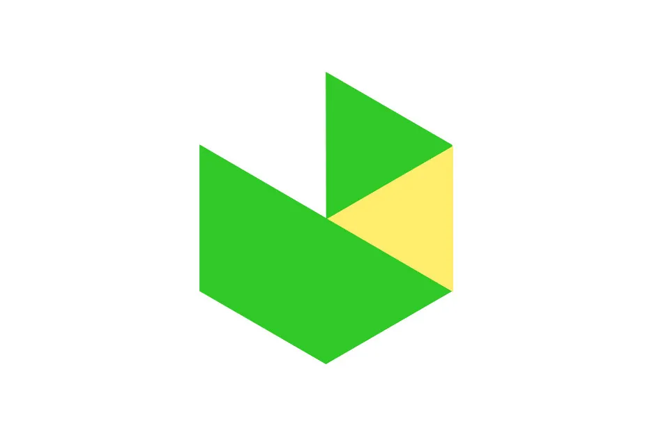 Abstract geometric shape with green and yellow triangles, part of a visual puzzle to complete the matrix figure.