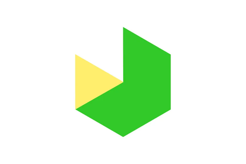 Abstract geometric shape with green and yellow sections forming a figure completing the matrix puzzle D