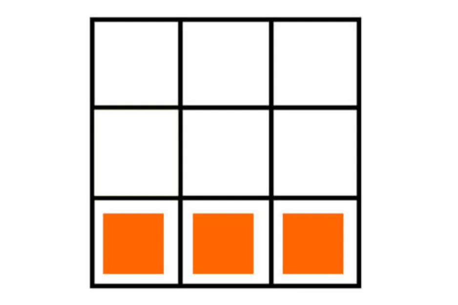 Grid puzzle with three orange squares in the bottom row, illustrating the concept to choose the missing piece B.
