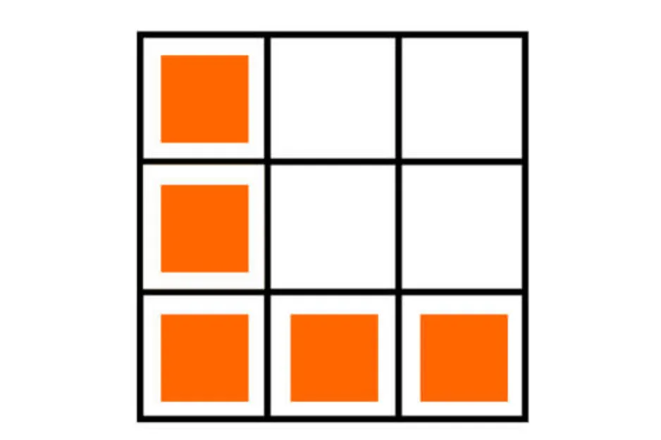 Grid puzzle showing orange squares arranged in rows and columns, prompting to choose the missing piece labeled D.