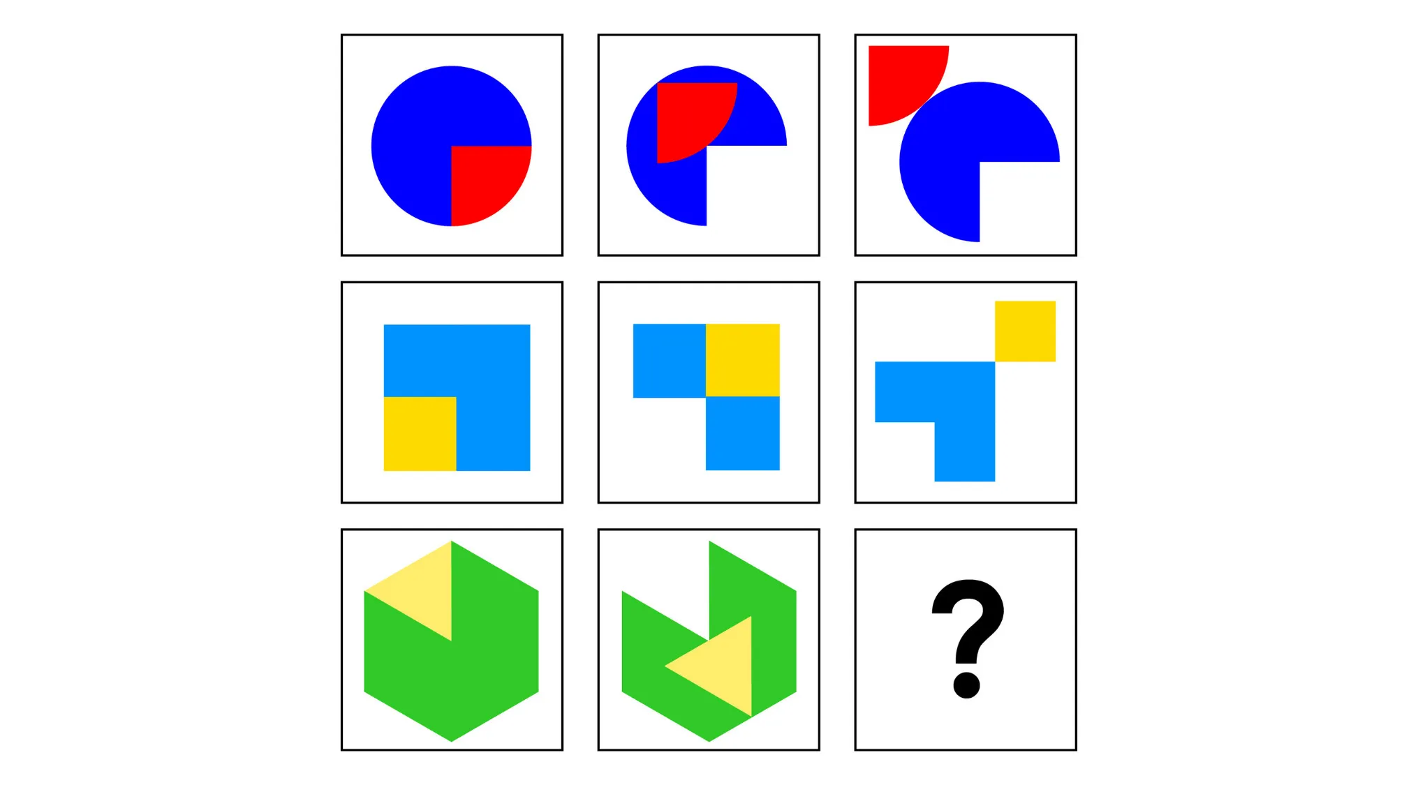 Visual IQ quiz showing colorful geometric shapes in a matrix with a missing piece to be found.