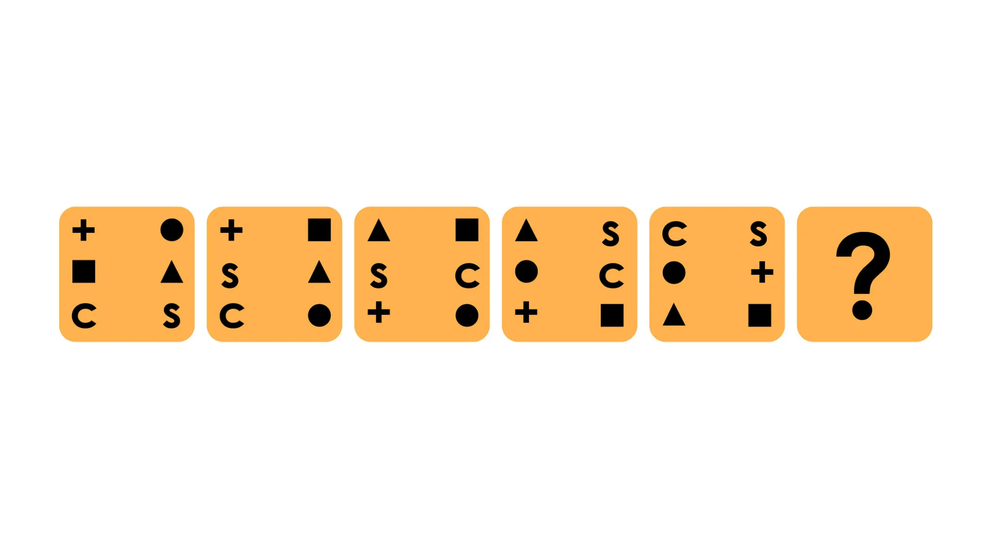 Visual IQ quiz showing a sequence of orange tiles with shapes and letters, asking to find the missing piece.