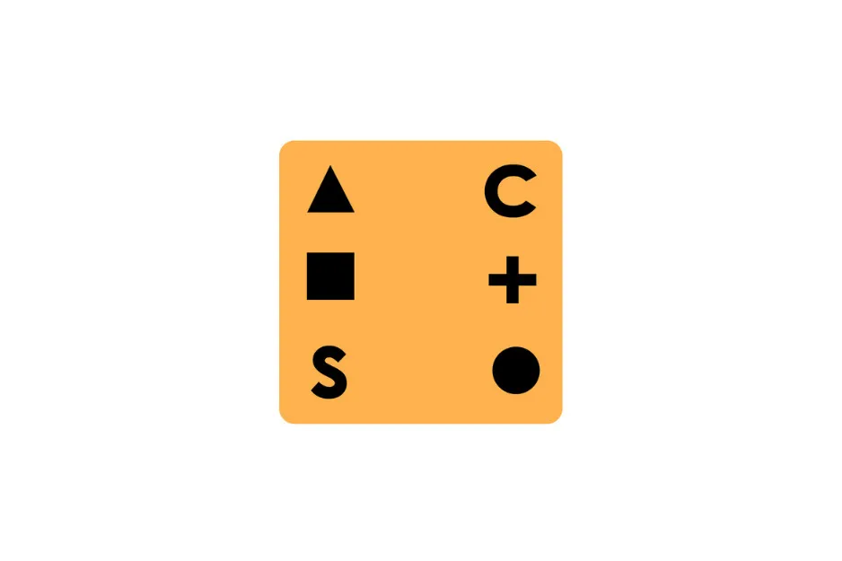 Black geometric shapes including triangle, square, circle, plus sign, and letters on an orange square background.