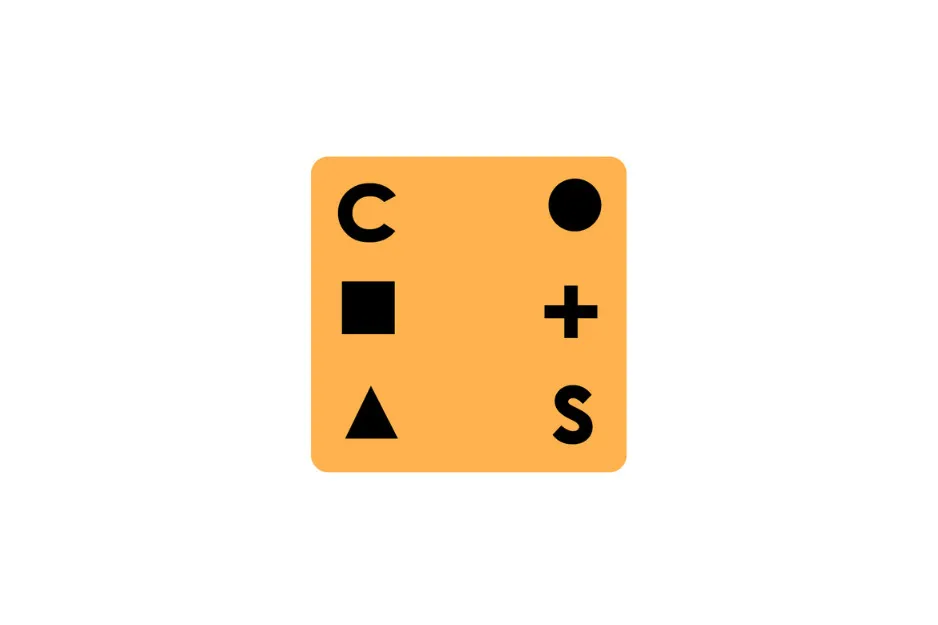 Abstract orange square with black shapes and letters highlighting the concept of the missing piece in C set.