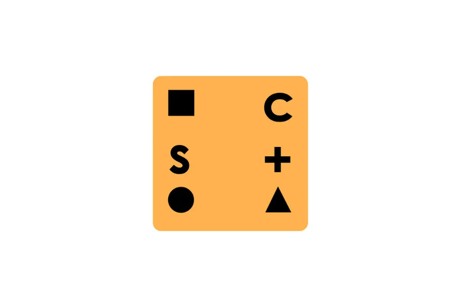 Orange square with black shapes including a square, circle, triangle, and letters highlighting the missing piece D puzzle