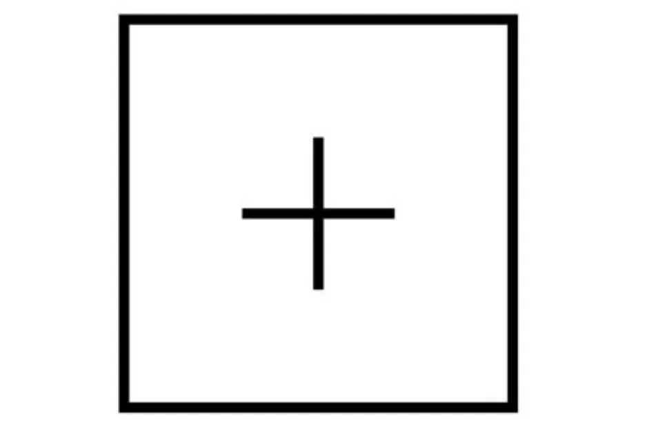 Simple black plus sign centered inside a square frame, representing the concept to pick the missing piece B.